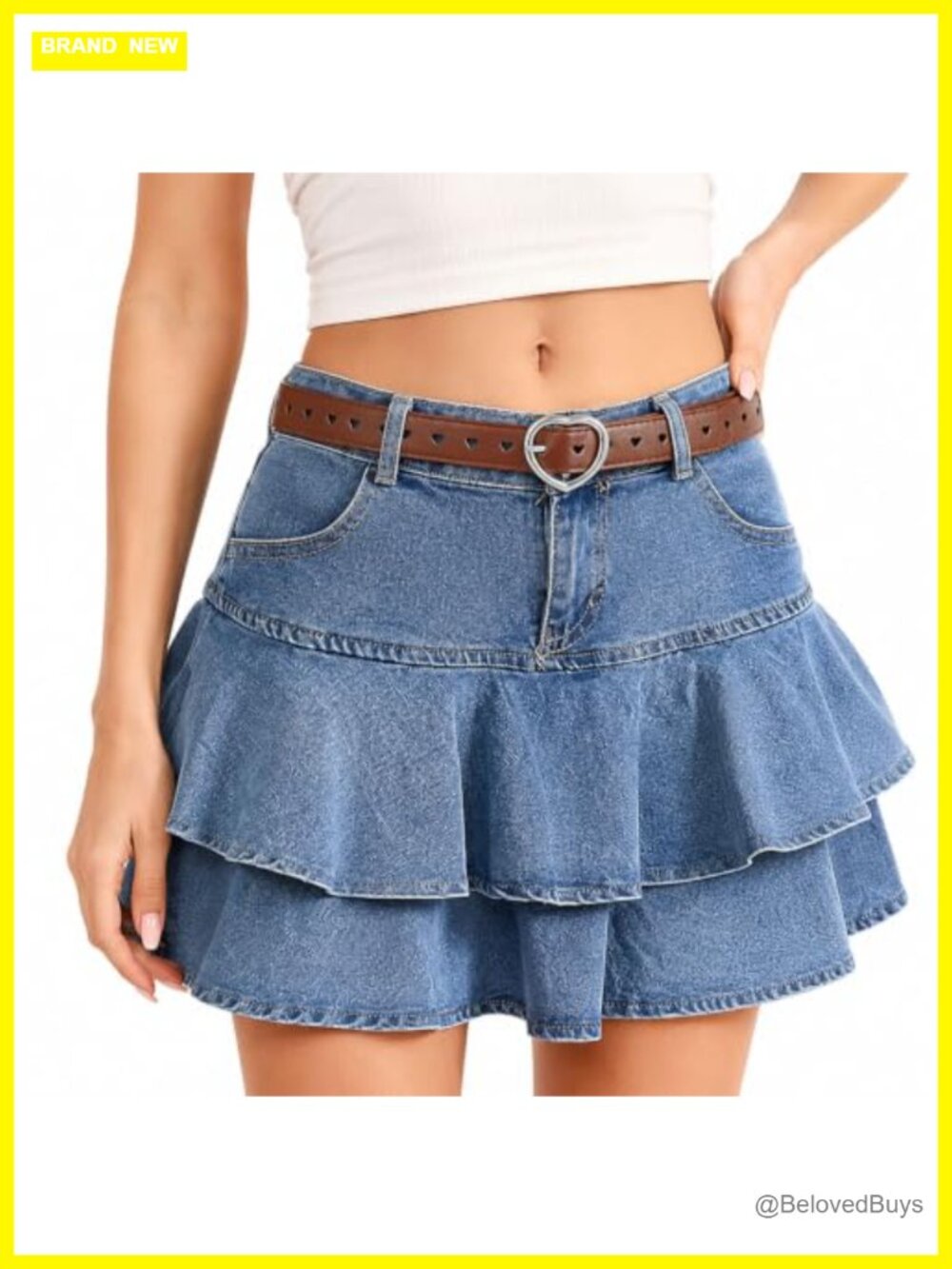 100% Cotton Denim Mini Skirt High Waisted A-Line Ruffled with Safety Shorts